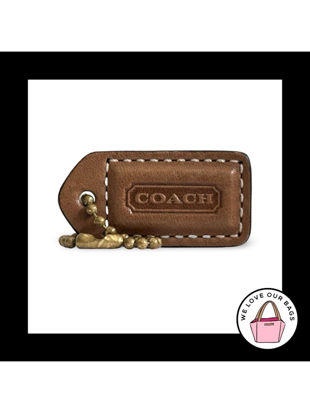 COACH Y2K VINTAGE Hang Tag 1.5" Brown Leather Bag Charm Keychain Fob Brass Small